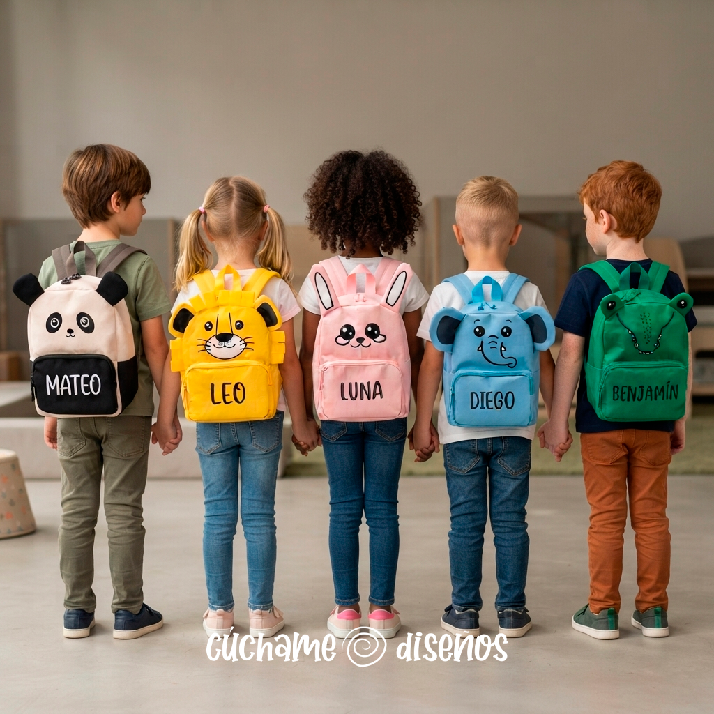 Cinco niños con las cinco mochilas escolares de animales personalizadas con su nombre