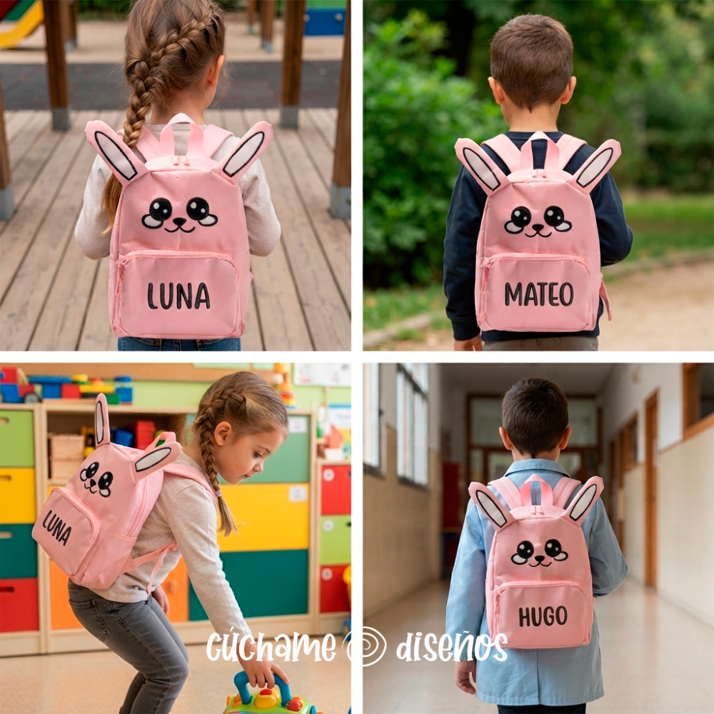 Cuatro niños con mochila escolar de conejo rosa personalizada con su nombre