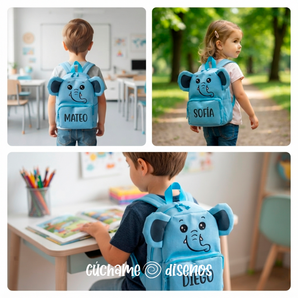 Tres niños con mochila escolar de elefante azul personalizada con su nombre