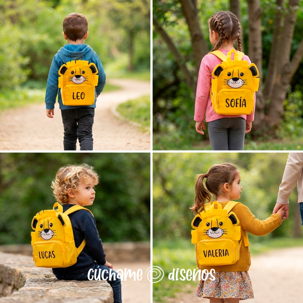 Cuatro niños con mochila escolar de león amarilla personalizada con su nombre