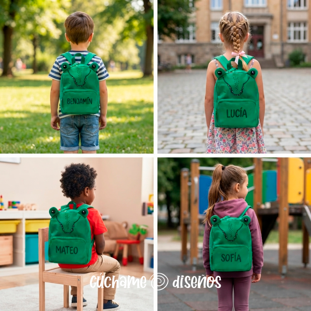Cuatro niños con mochila escolar verde de rana personalizada con su nombre