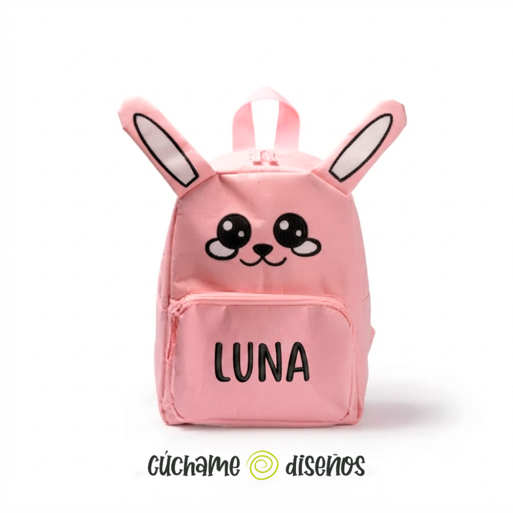 Mochila escolar infantil de conejo rosa con nombre bordado en el bolsillo