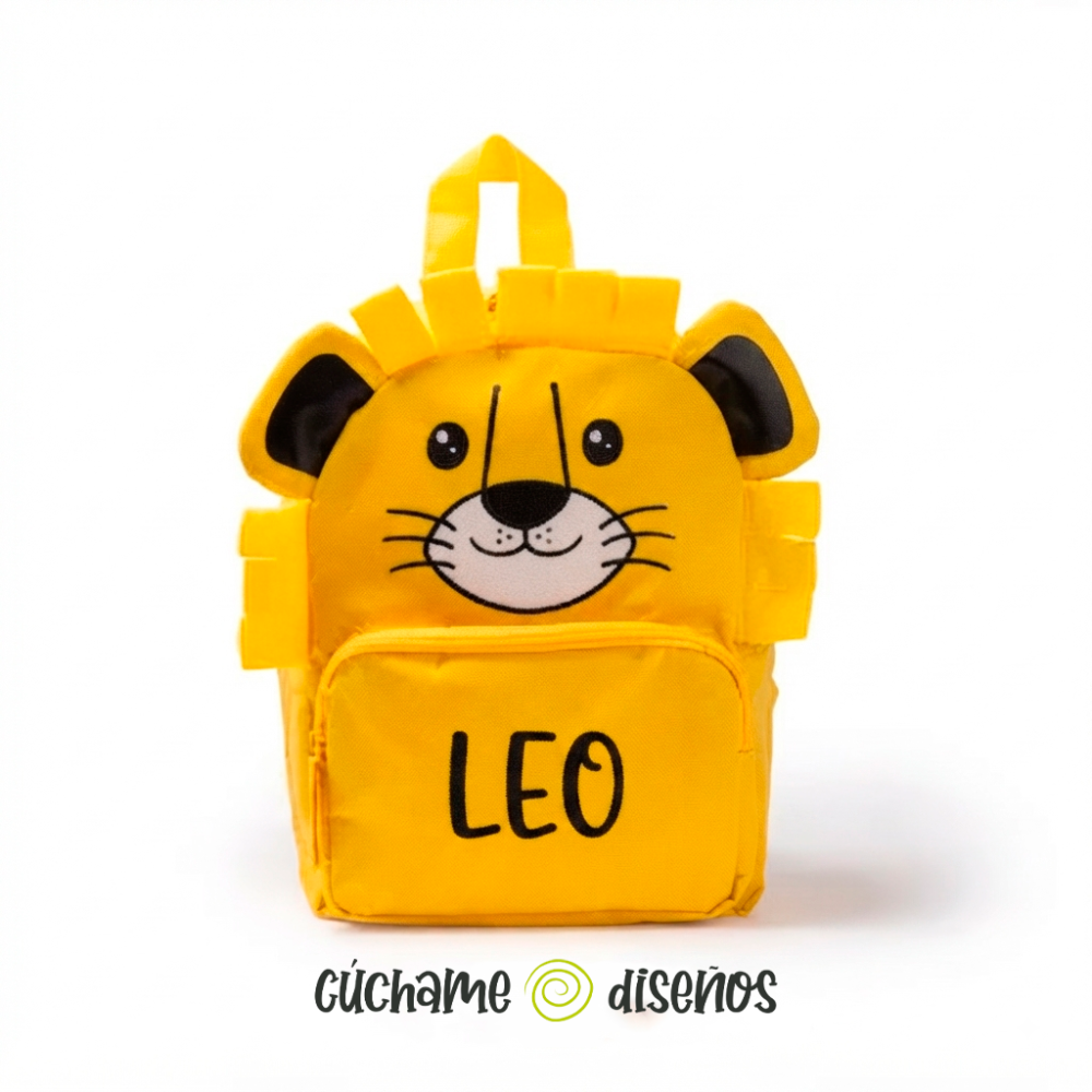 Mochila escolar infantil de león con nombre estampado en el bolsillo