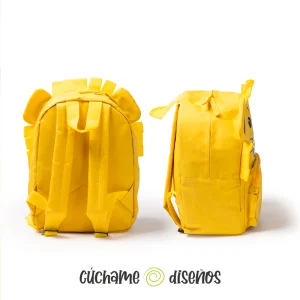Mochila escolar amarilla de león vista de espalda y de lado