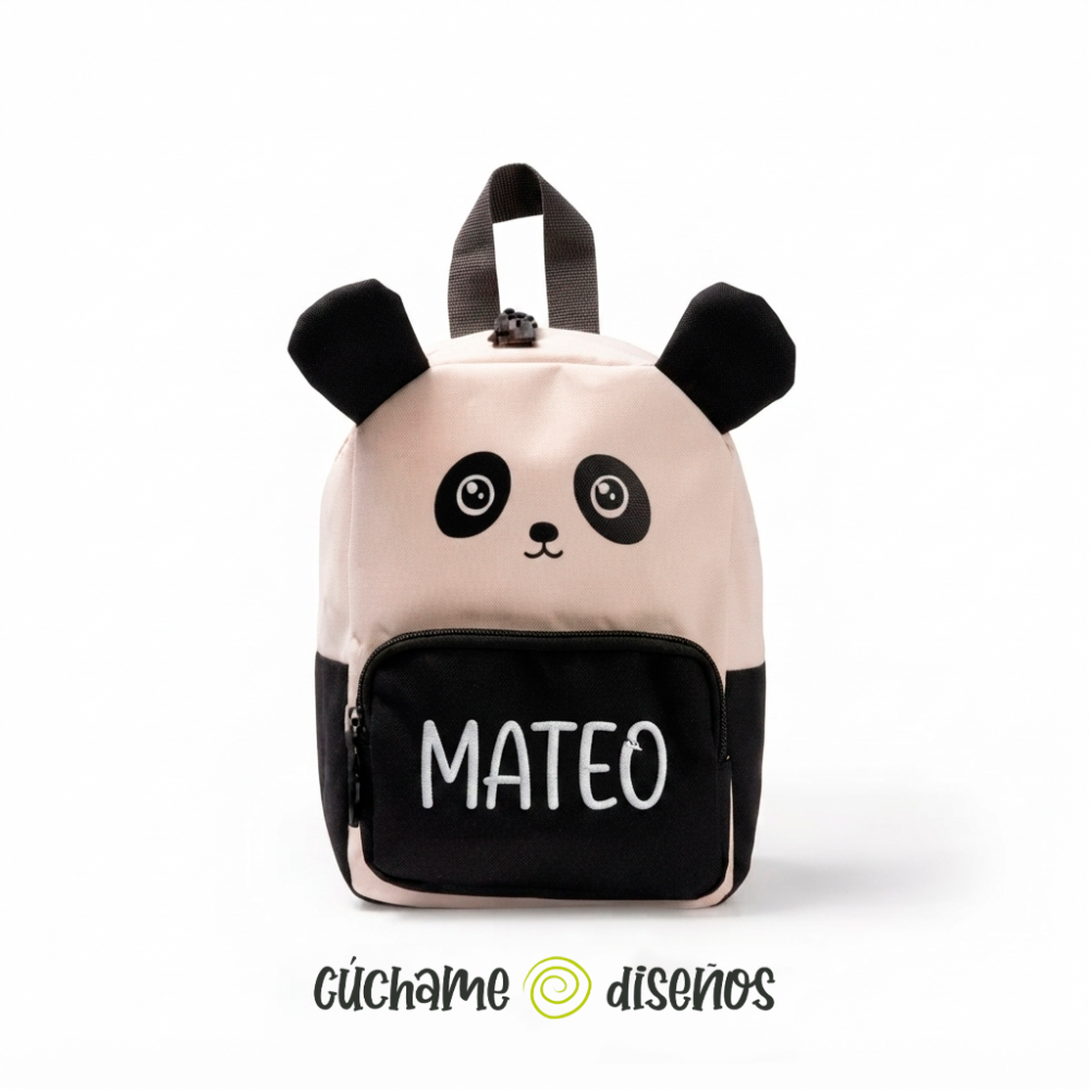 Mochila escolar infantil de panda con nombre bordado en el bolsillo