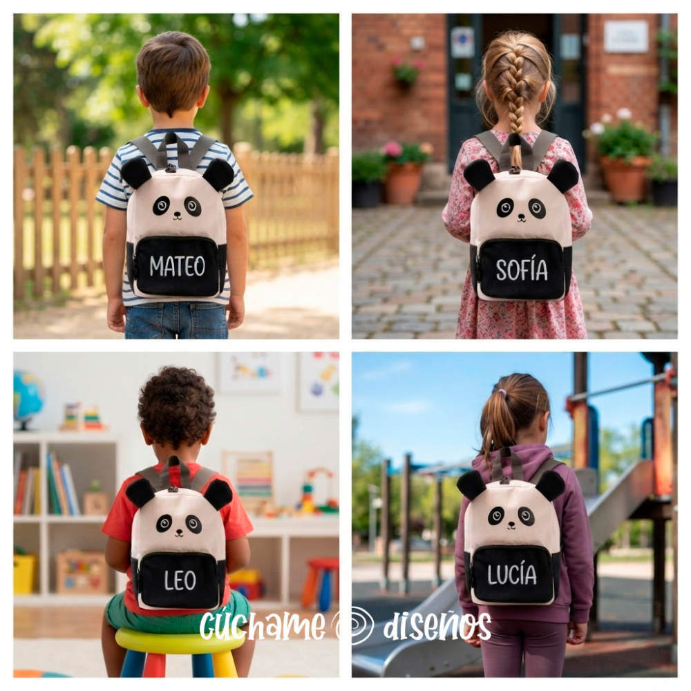 Cuatro niños con mochila escolar de panda personalizada con su nombre
