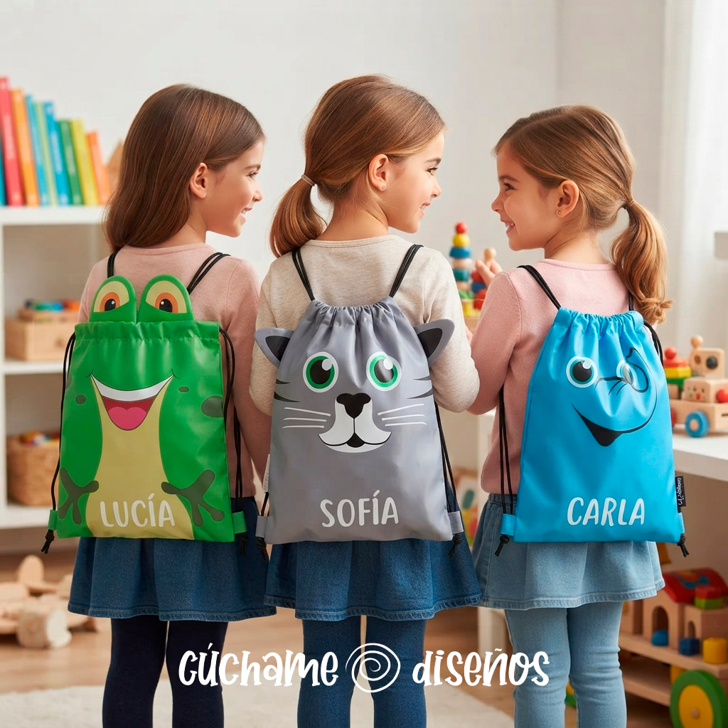 Mochilas de cuerdas personalizadas para niños con diseños de animales y nombre bordado, Cúchame diseños
