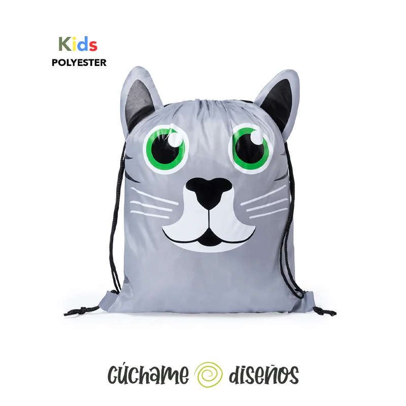 Mochila infantil de poliéster con diseño de gato de ojos grandes, sello Kids