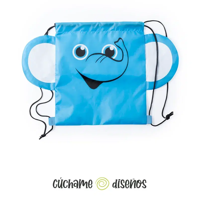 Mochila de cuerdas infantil con diseño de elefante azul sobre fondo blanco