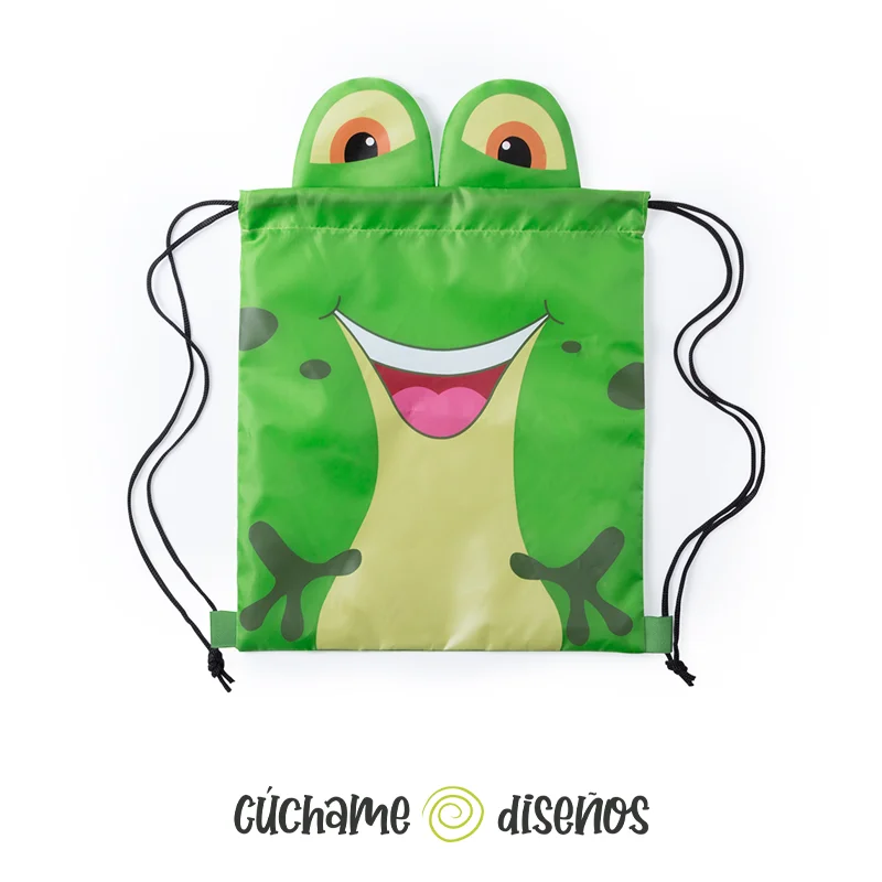 Mochila de cuerdas infantil con diseño de rana sonriente sobre fondo blanco