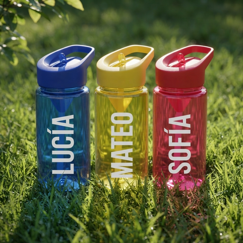 Tres botellas de agua infantiles personalizadas con nombre en vinilo, en azul, amarillo y rojo