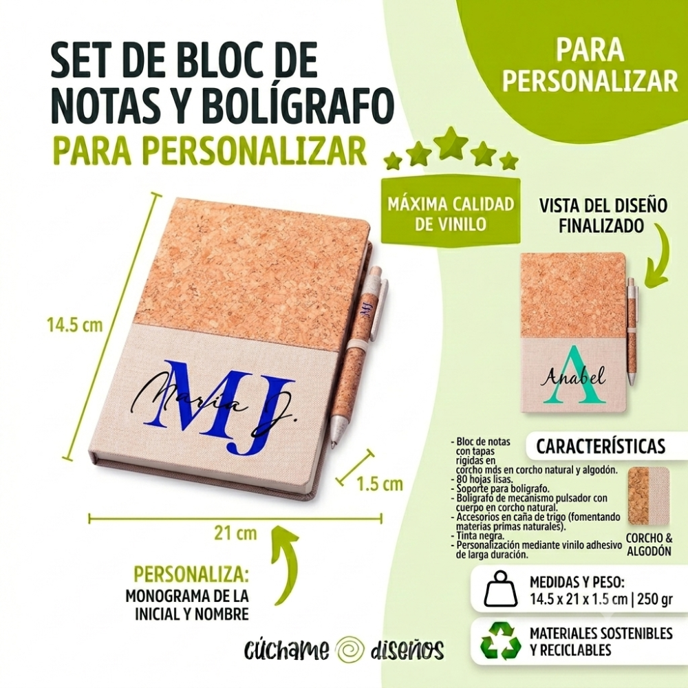Libreta de Corcho y Lino Personalizada con Nombre e Inicial en Vinilo | Cuaderno Ecológico con Bolígrafo Incluido – Regalo Original Sostenible - Imagen 2