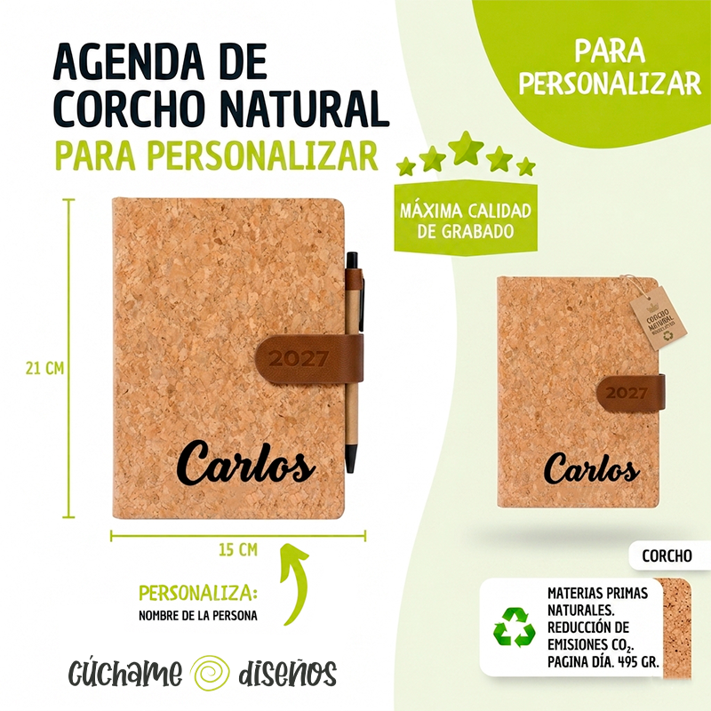 Infografía de agenda de corcho natural personalizable con nombre grabado y detalles del producto