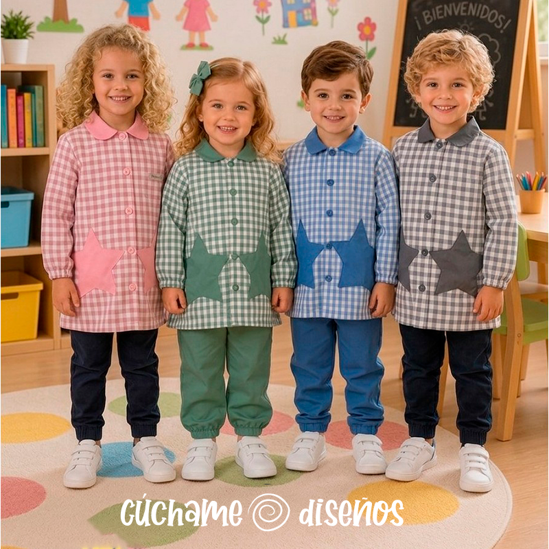 Niños con bata escolar de cuadros vichy y bolsillos de estrella en rosa, verde, azul y gris