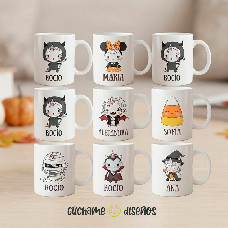 Tazas personalizadas Halloween con nombre, varios diseños de unicornio disfrazado