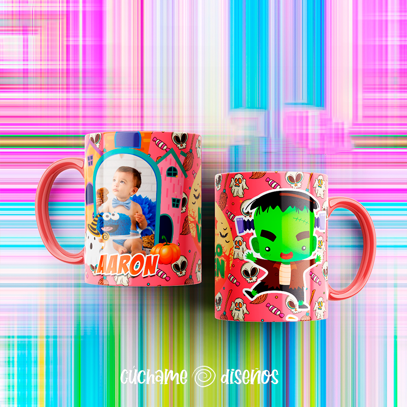 Taza personalizada Halloween con foto y nombre Aarón, diseño Frankenstein