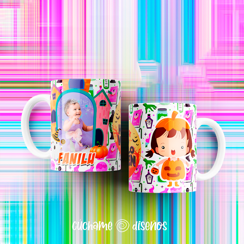 Taza personalizada Halloween con foto y nombre Fanilú, diseño niña-calabaza