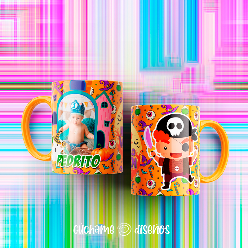Taza personalizada Halloween con foto y nombre Pedrito, diseño pirata