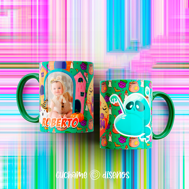 Taza personalizada Halloween con foto y nombre Roberto, diseño fantasma
