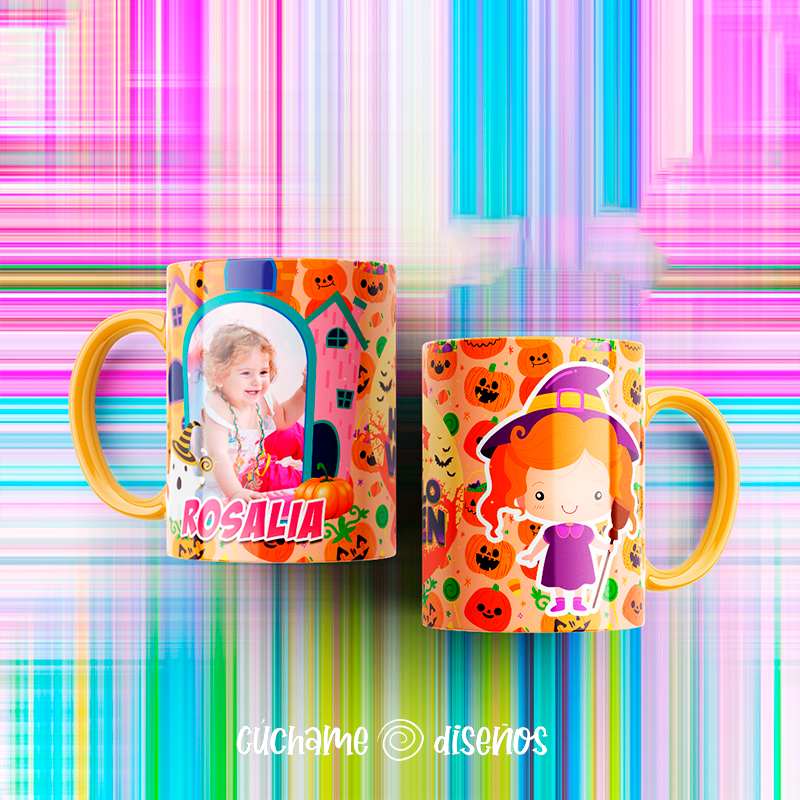 Taza personalizada Halloween con foto y nombre Rosalía, diseño bruja