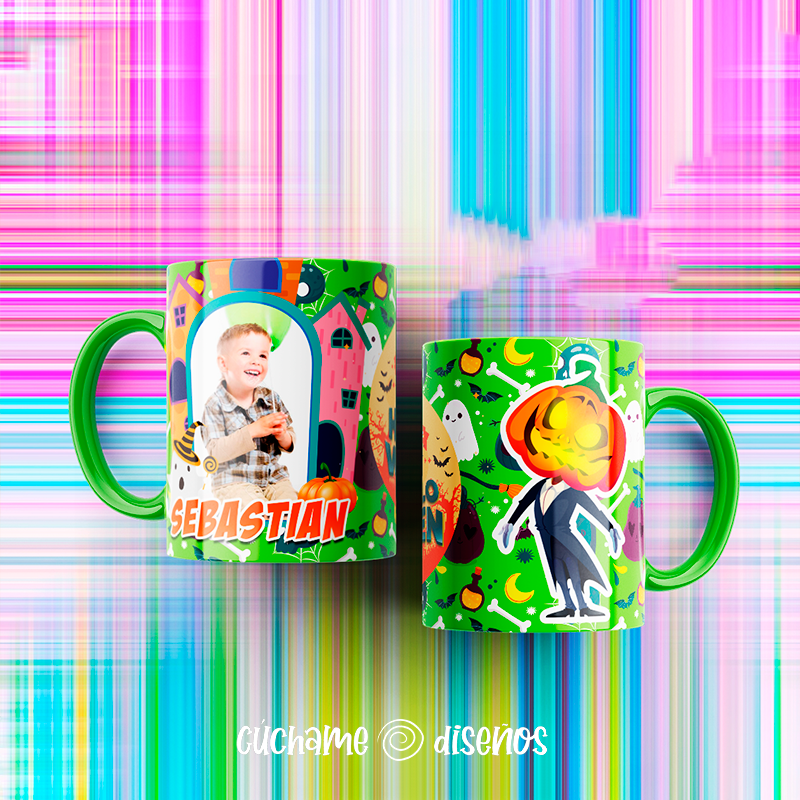 Taza personalizada Halloween con foto y nombre Sebastián, diseño hombre calabaza