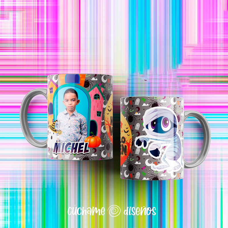 Taza personalizada Halloween con foto y nombre Michel, diseño momia