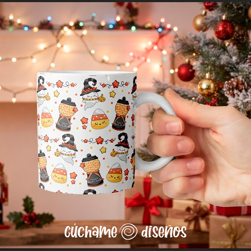 Taza de cerámica blanca con estampado de fantasmas, calderos y mazorcas kawaii de Halloween