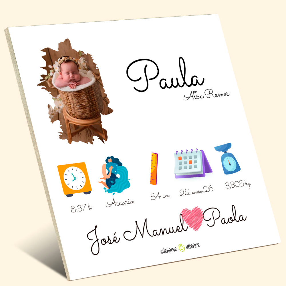 Azulejo personalizado natalicio 15x15 con foto y datos de nacimiento del bebé