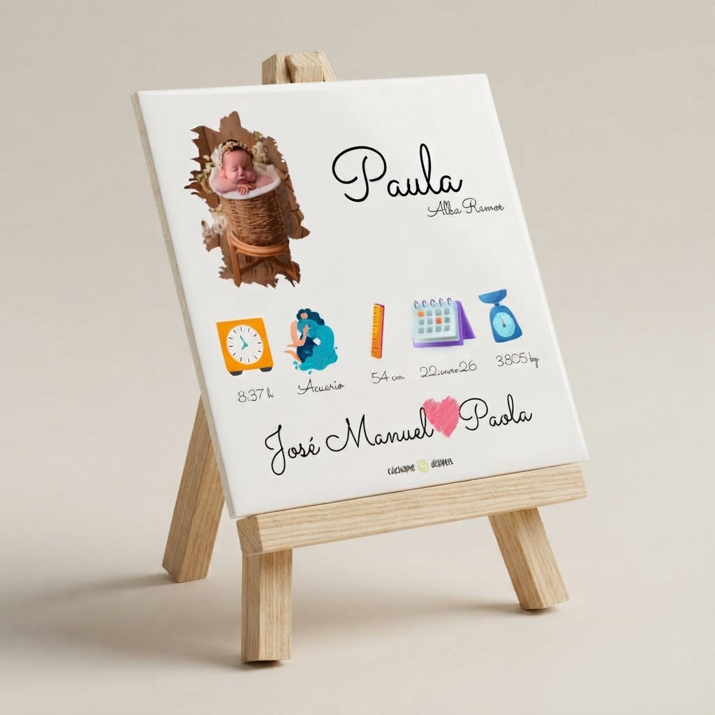 Lienzo personalizado natalicio bebé con foto, nombre Paula y datos de nacimiento