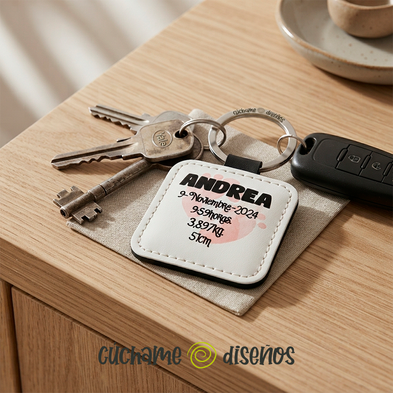 Llavero personalizado con nombre y datos de nacimiento colgado junto a las llaves de casa