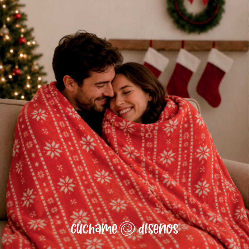 Manta personalizada de Navidad roja con estampado de copos de nieve